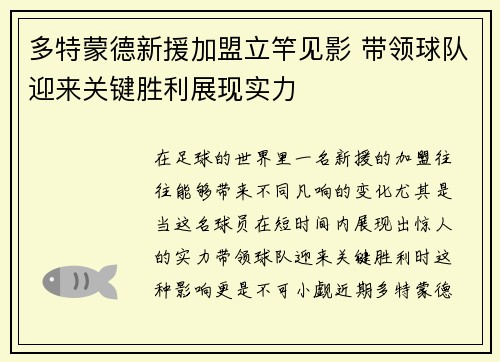 多特蒙德新援加盟立竿见影 带领球队迎来关键胜利展现实力