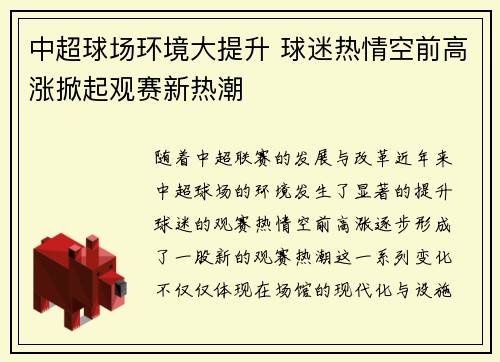 中超球场环境大提升 球迷热情空前高涨掀起观赛新热潮