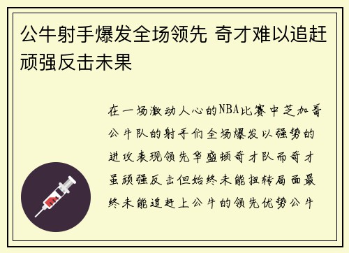 公牛射手爆发全场领先 奇才难以追赶顽强反击未果