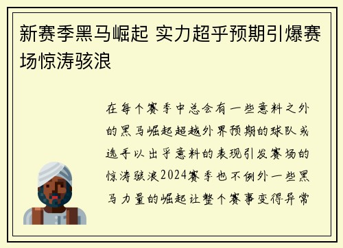 新赛季黑马崛起 实力超乎预期引爆赛场惊涛骇浪