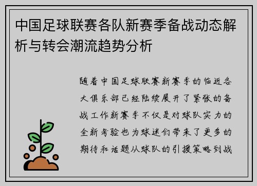 中国足球联赛各队新赛季备战动态解析与转会潮流趋势分析