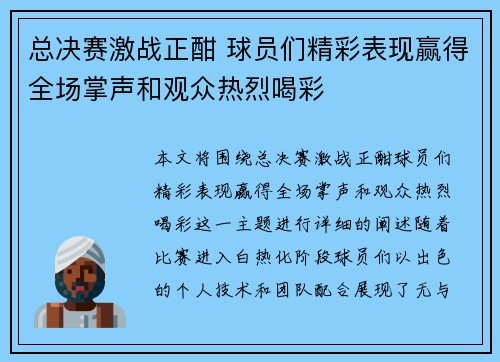 总决赛激战正酣 球员们精彩表现赢得全场掌声和观众热烈喝彩