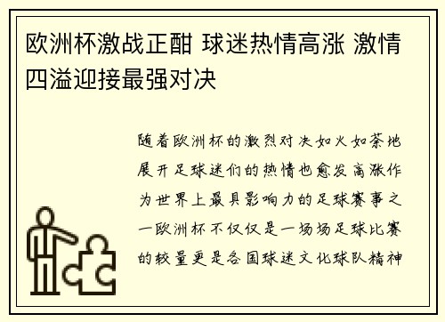 欧洲杯激战正酣 球迷热情高涨 激情四溢迎接最强对决