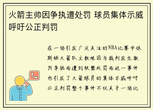 火箭主帅因争执遭处罚 球员集体示威呼吁公正判罚