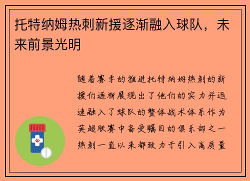 托特纳姆热刺新援逐渐融入球队，未来前景光明