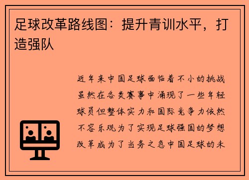 足球改革路线图：提升青训水平，打造强队